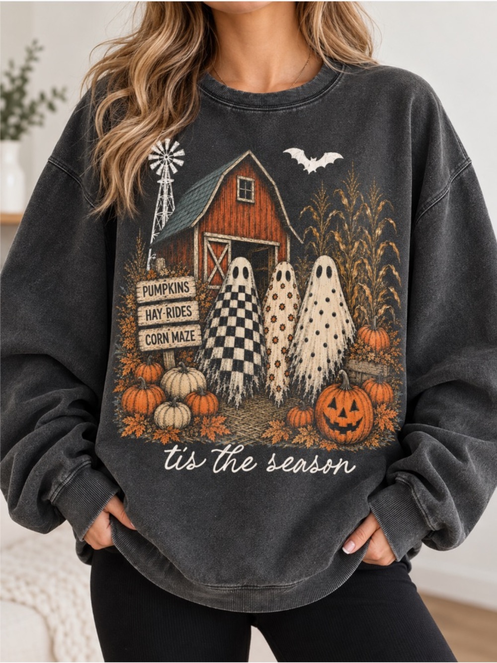 Tis The Season Ghost Trio Halloween Sweatshirt, Pumpkin Patch Ghosts Design